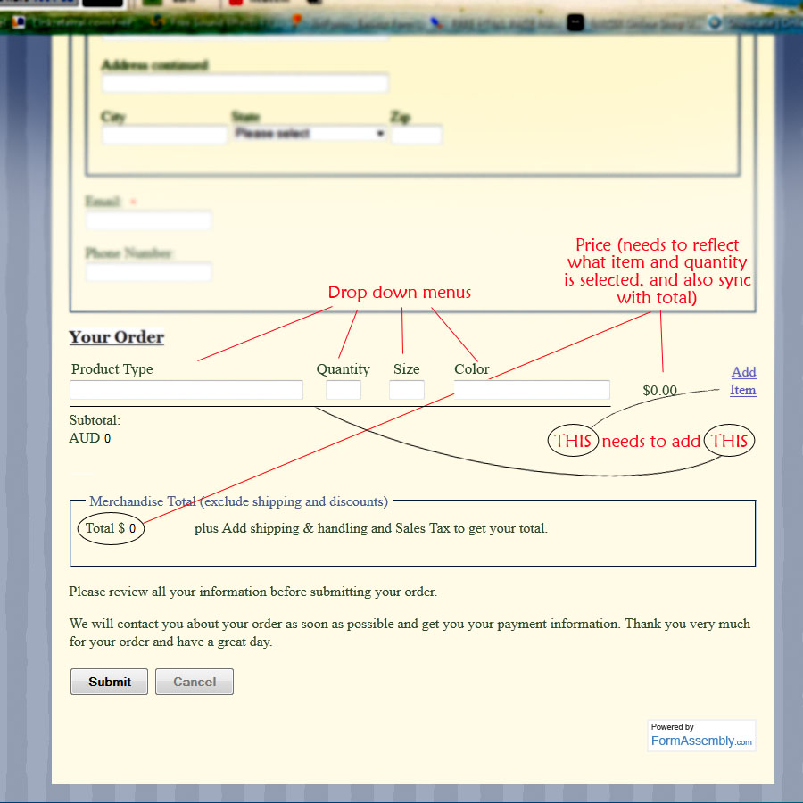 Needing help with creating an order form